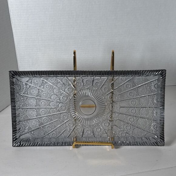 Heavy Glass Gray Tinted Oblong Tray Cut Glass Styling 7”x14” - Picture 6 of 8